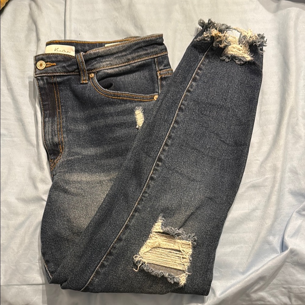 KanCan High Rise Blue Jeans with Distressed Detailing